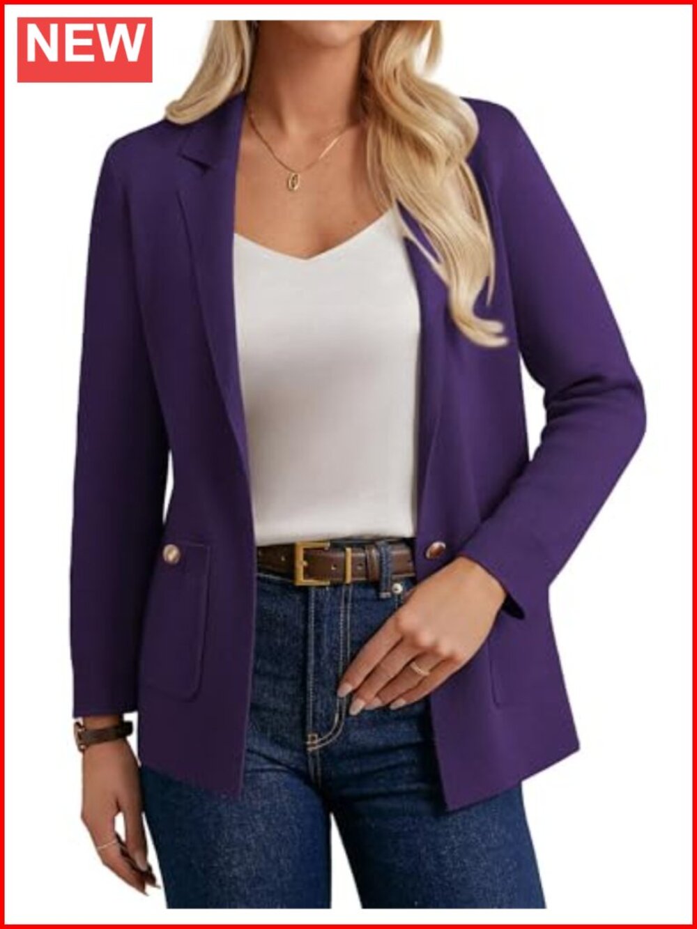 Women's Knit Blazer Open Front Long Sleeve Suit Jacket with Pockets